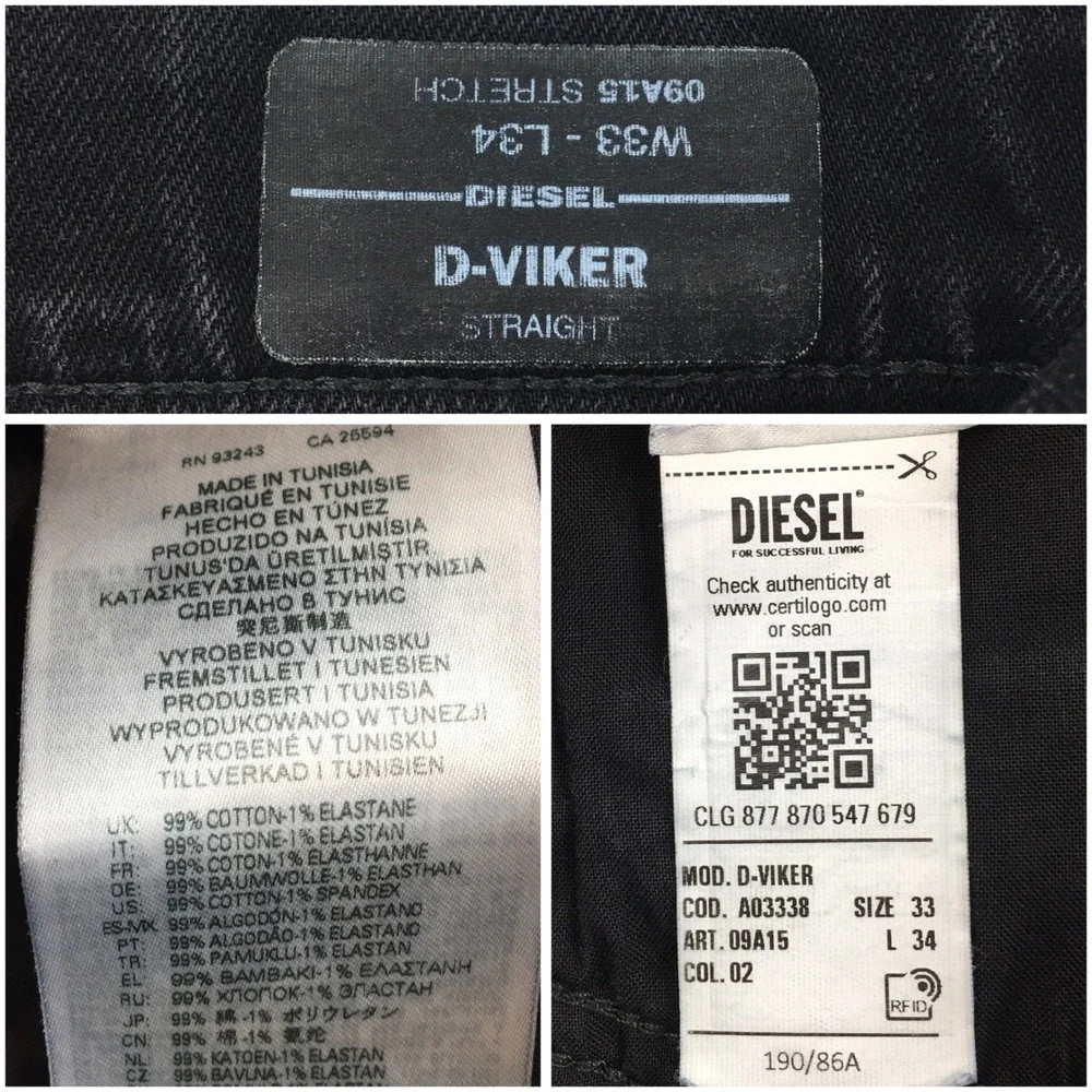 Diesel D-Viker Straight Leg Jeans Mens 33x34 Black Stretch Denim Pants